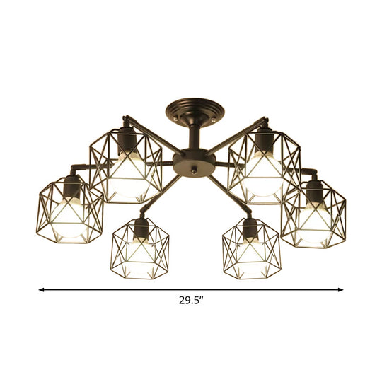 Iron Wire Cage Rotating Ceiling Chandelier - Warehouse Pendant Lamp, 4/6/8-Light in Black