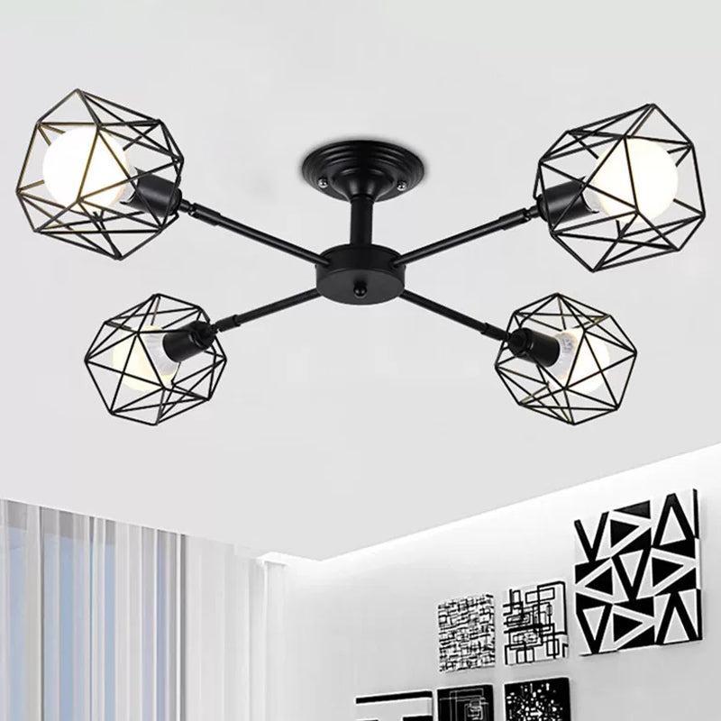 Iron Wire Cage Ceiling Chandelier - Rotating Pendant Lamp In Black For Bedroom 4/6/8-Light Option