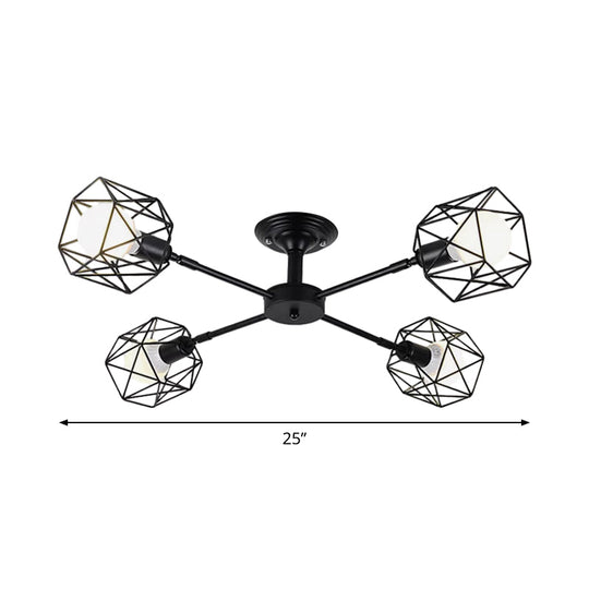 Iron Wire Cage Rotating Ceiling Chandelier - Warehouse Pendant Lamp, 4/6/8-Light in Black