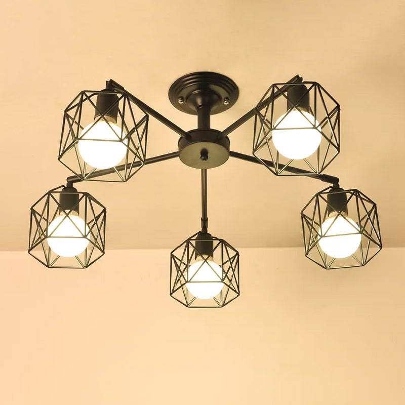 Iron Wire Cage Rotating Ceiling Chandelier - Warehouse Pendant Lamp, 4/6/8-Light in Black