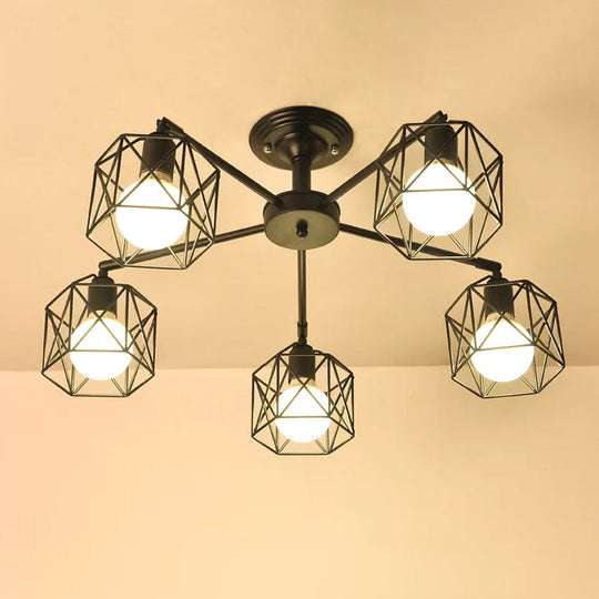 Iron Wire Cage Rotating Ceiling Chandelier - Warehouse Pendant Lamp, 4/6/8-Light in Black