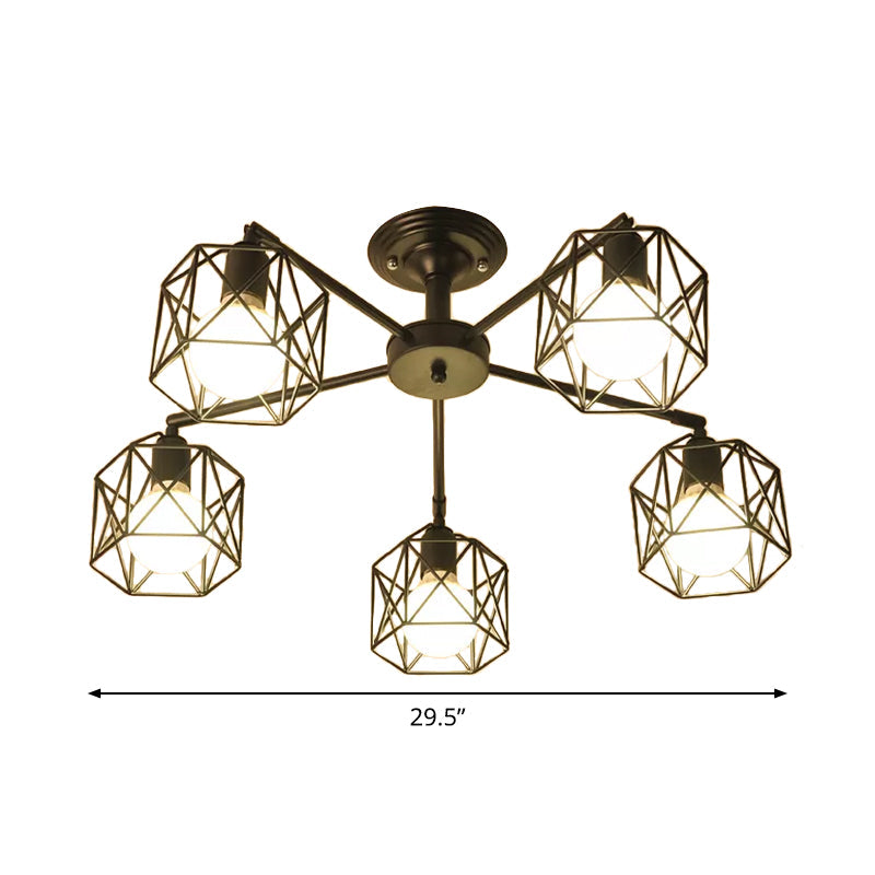 Iron Wire Cage Rotating Ceiling Chandelier - Warehouse Pendant Lamp, 4/6/8-Light in Black