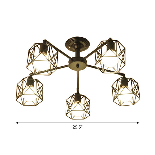 Iron Wire Cage Rotating Ceiling Chandelier - Warehouse Pendant Lamp, 4/6/8-Light in Black