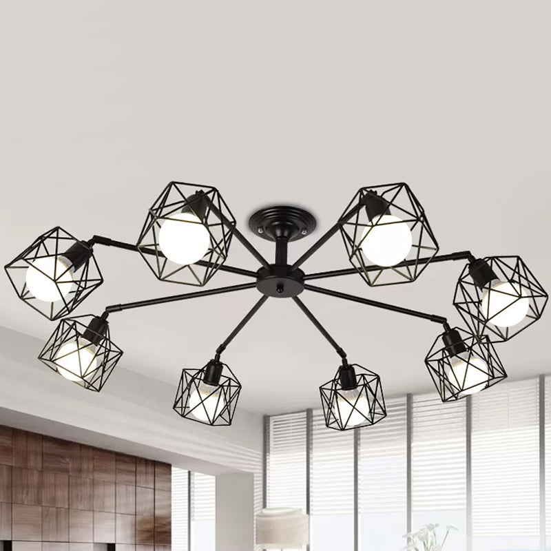 Iron Wire Cage Ceiling Chandelier - Rotating Pendant Lamp In Black For Bedroom 4/6/8-Light Option