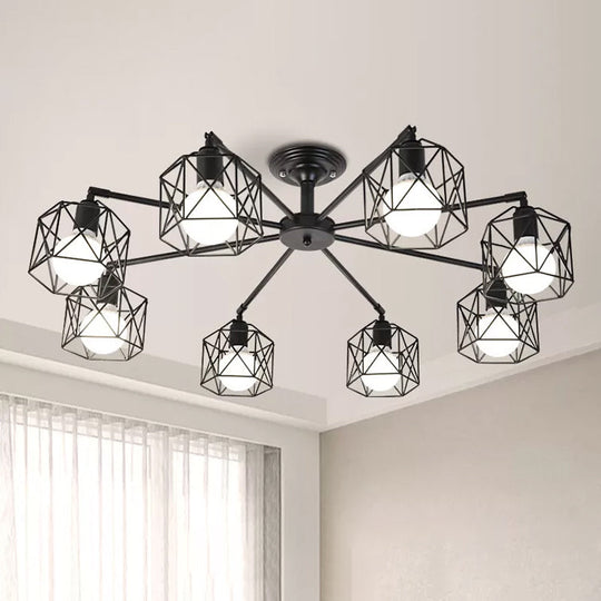 Iron Wire Cage Rotating Ceiling Chandelier - Warehouse Pendant Lamp, 4/6/8-Light in Black