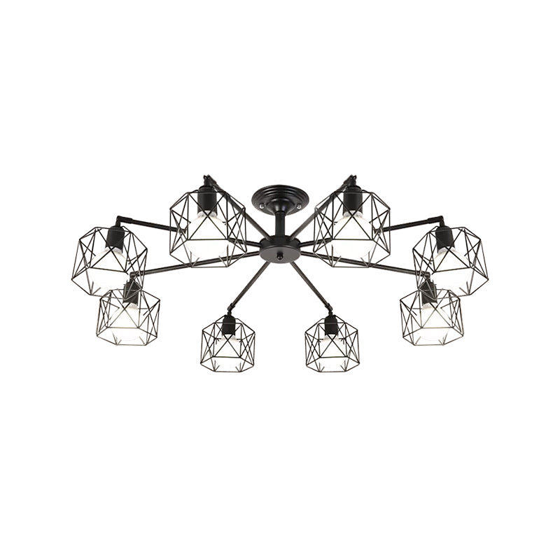 Iron Wire Cage Rotating Ceiling Chandelier - Warehouse Pendant Lamp, 4/6/8-Light in Black