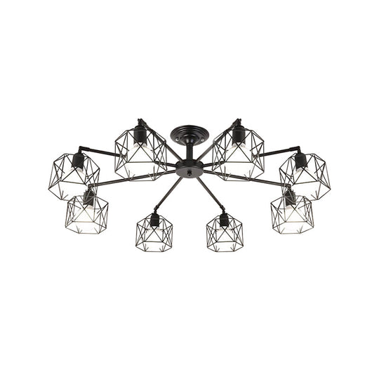 Iron Wire Cage Rotating Ceiling Chandelier - Warehouse Pendant Lamp, 4/6/8-Light in Black