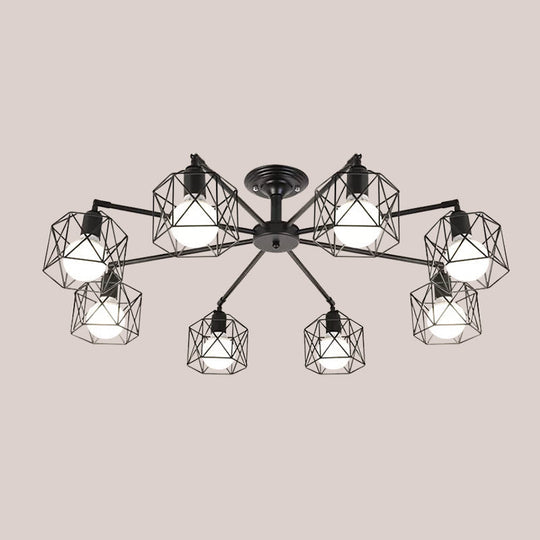 Iron Wire Cage Rotating Ceiling Chandelier - Warehouse Pendant Lamp, 4/6/8-Light in Black