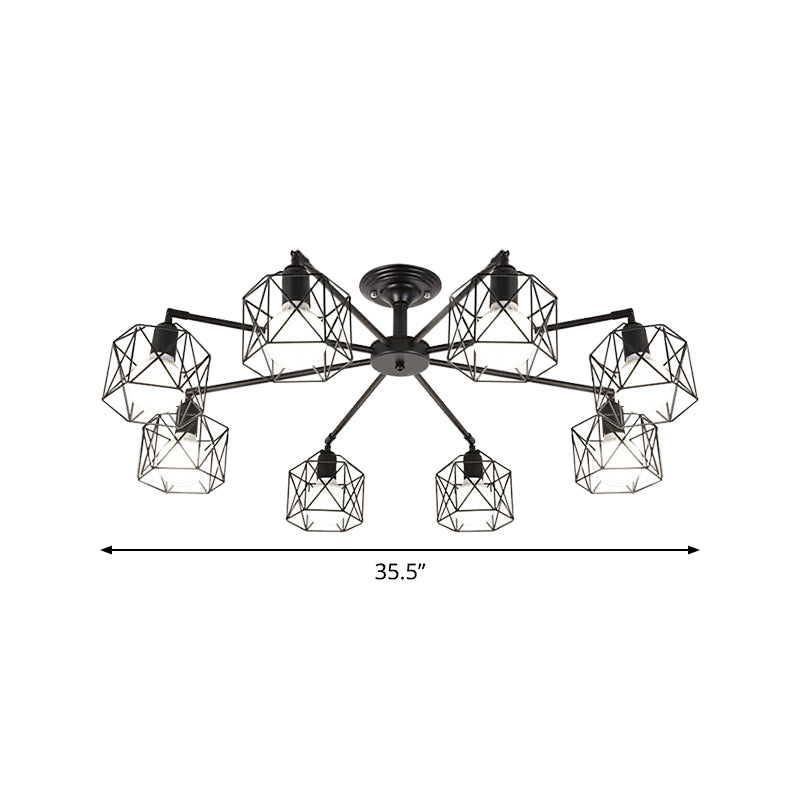 Iron Wire Cage Rotating Ceiling Chandelier - Warehouse Pendant Lamp, 4/6/8-Light in Black