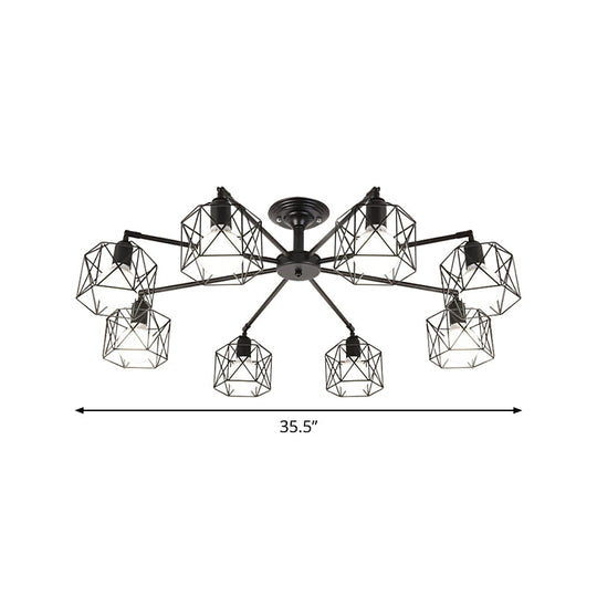 Iron Wire Cage Rotating Ceiling Chandelier - Warehouse Pendant Lamp, 4/6/8-Light in Black