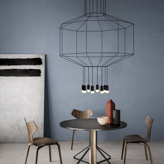 Iron Pendant Light Industrial Chandelier - Hexagonal/Long Column Design 4/6/8 Heads Black 3D