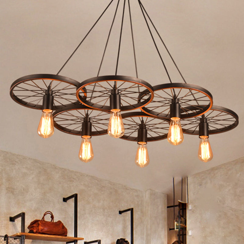 Rustic Iron Black Wheel Chandelier Ceiling Light - 3/6 Bulbs Living Room 6 /