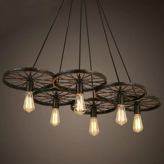 Rustic Iron Black Wheel Chandelier Ceiling Light - 3/6 Bulbs Living Room