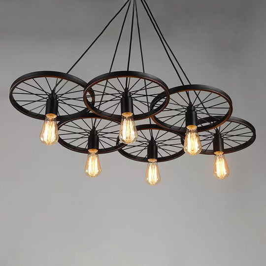 Rustic Iron Black Wheel Chandelier Ceiling Light - 3/6 Bulbs Living Room