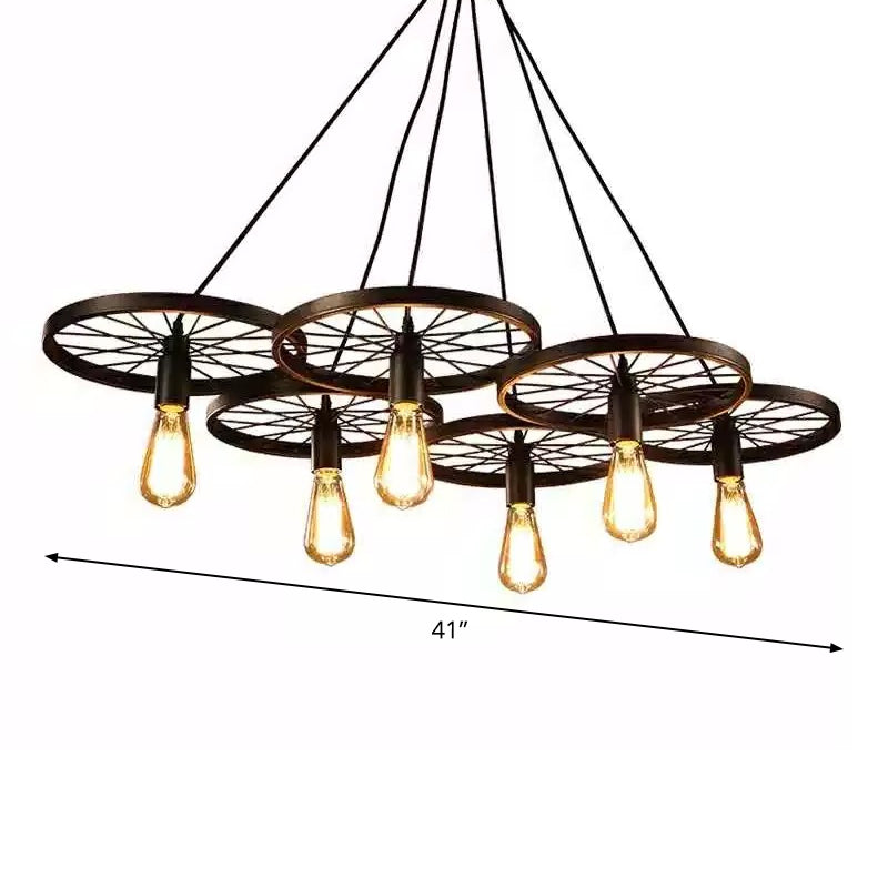 Rustic Iron Black Wheel Chandelier Ceiling Light - 3/6 Bulbs Living Room