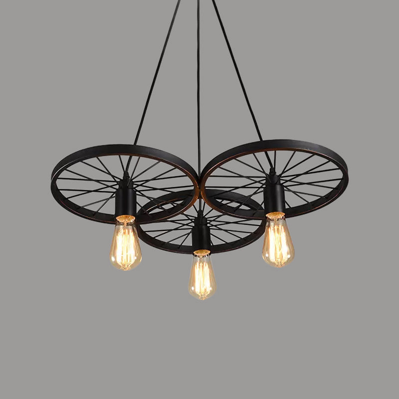 Rustic Iron Black Wheel Chandelier Ceiling Light - 3/6 Bulbs Living Room