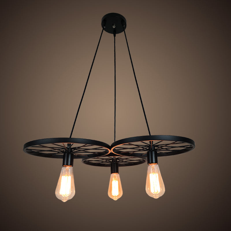 Farmhouse Black Wheel Chandelier Pendant Lamp (3/6-Light Iron Hanging Bistro Ceiling Fixture)