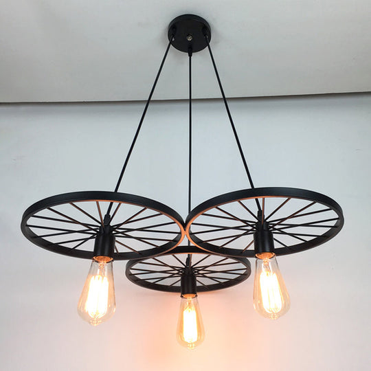 Farmhouse Black Wheel Chandelier Pendant Lamp (3/6-Light Iron Hanging Bistro Ceiling Fixture)