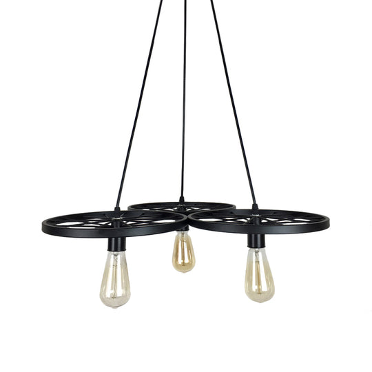 Farmhouse Black Wheel Chandelier Pendant Lamp (3/6-Light Iron Hanging Bistro Ceiling Fixture)