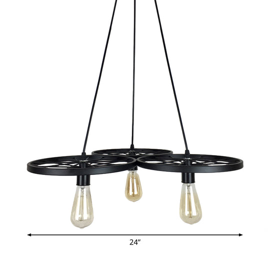 Farmhouse Black Wheel Chandelier Pendant Lamp (3/6-Light Iron Hanging Bistro Ceiling Fixture)