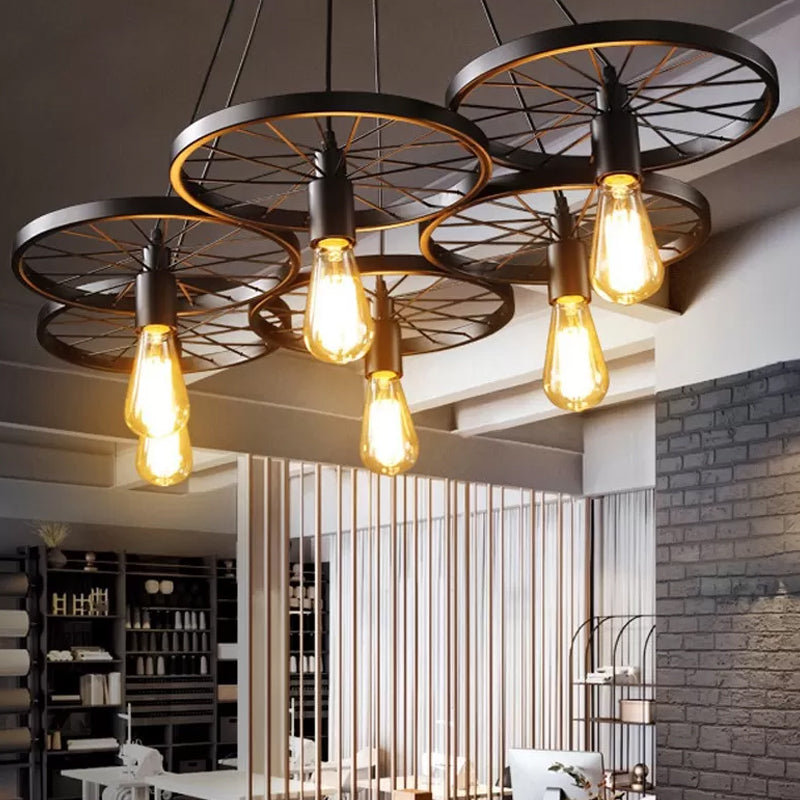 Farmhouse Black Wheel Chandelier Pendant Lamp (3/6-Light Iron Hanging Bistro Ceiling Fixture)