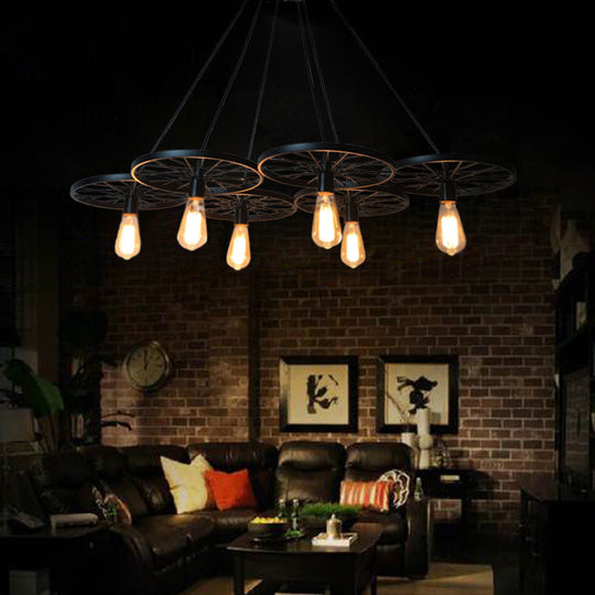 Farmhouse Black Wheel Chandelier Pendant Lamp (3/6-Light Iron Hanging Bistro Ceiling Fixture)