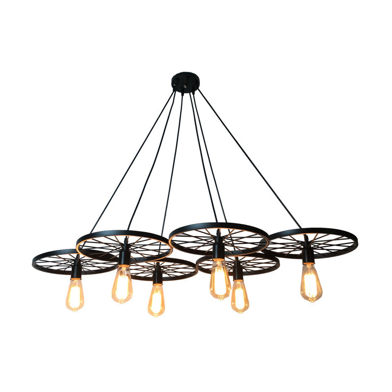 Farmhouse Black Wheel Chandelier Pendant Lamp (3/6-Light Iron Hanging Bistro Ceiling Fixture)