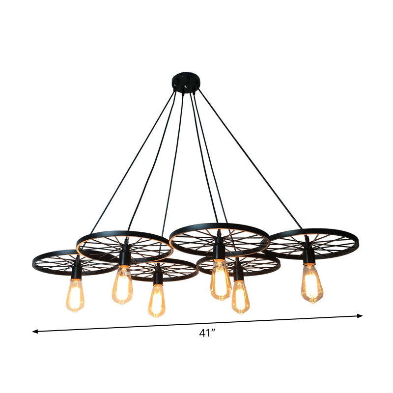 Farmhouse Black Wheel Chandelier Pendant Lamp (3/6-Light Iron Hanging Bistro Ceiling Fixture)