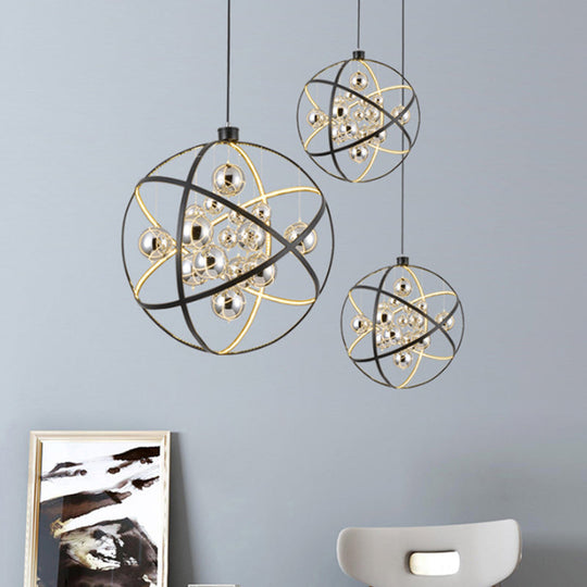 19.5/31.5 W Black Led Pendant Chandelier With Globe Iron Frame: Industrial Ceiling Hang Light In