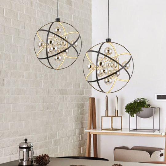 19.5/31.5 W Black Led Pendant Chandelier With Globe Iron Frame: Industrial Ceiling Hang Light In