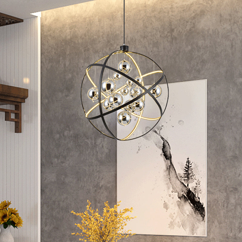 19.5/31.5 W Black Led Pendant Chandelier With Globe Iron Frame: Industrial Ceiling Hang Light In