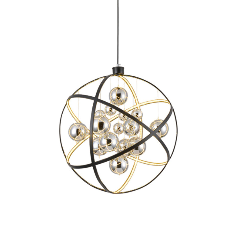 19.5"/31.5" Black LED Pendant Chandelier - Industrial Iron Globe Ceiling Light with Chrome Glass Shade