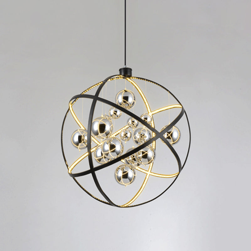 19.5"/31.5" Black LED Pendant Chandelier - Industrial Iron Globe Ceiling Light with Chrome Glass Shade