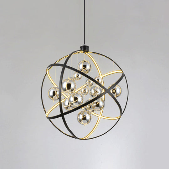 19.5/31.5 W Black Led Pendant Chandelier With Globe Iron Frame: Industrial Ceiling Hang Light In