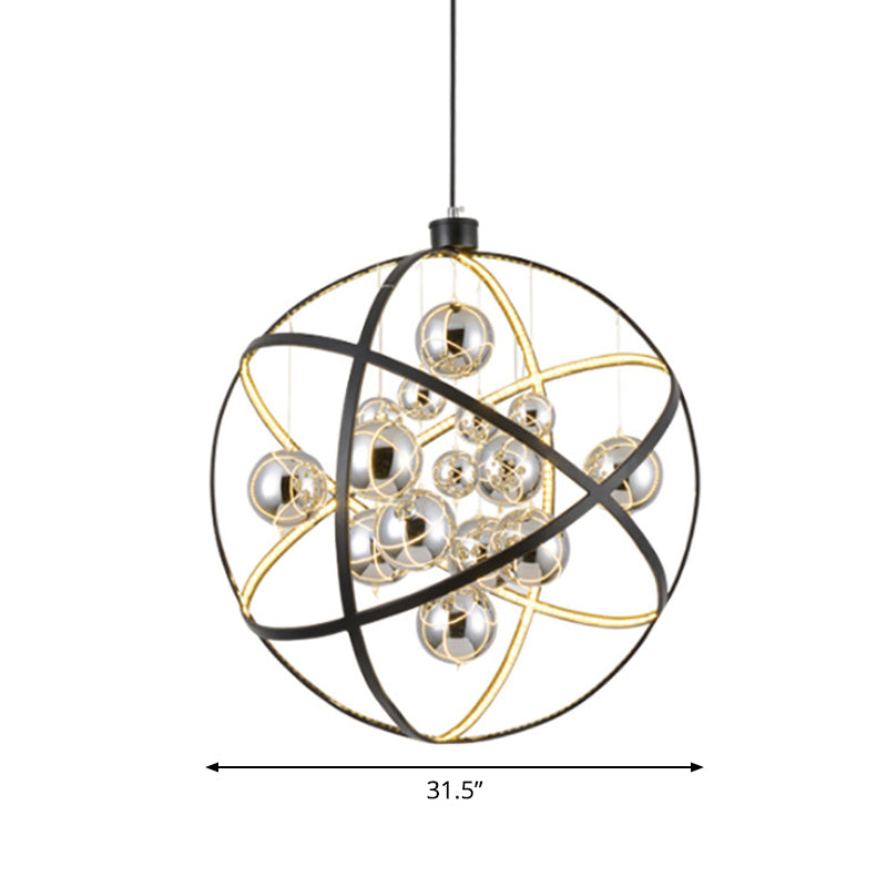 19.5"/31.5" Black LED Pendant Chandelier - Industrial Iron Globe Ceiling Light with Chrome Glass Shade