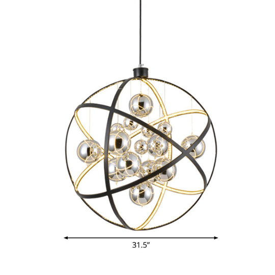 19.5"/31.5" Black LED Pendant Chandelier - Industrial Iron Globe Ceiling Light with Chrome Glass Shade