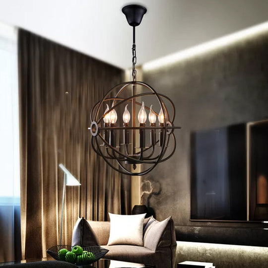 Black Iron Warehouse Chandelier Pendant With 6 Spherical Bulbs For Restaurants