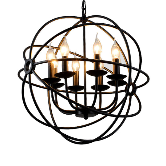 Black Iron Warehouse Chandelier Pendant With 6 Spherical Bulbs For Restaurants