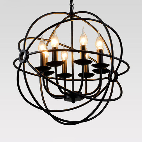 Black Iron Warehouse Chandelier Pendant With 6 Spherical Bulbs For Restaurants