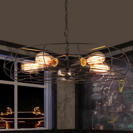 Industrial Iron 5-Bulb Black Chandelier Pendant Lamp - 19/21.5 Round Caged Ceiling Fixture For