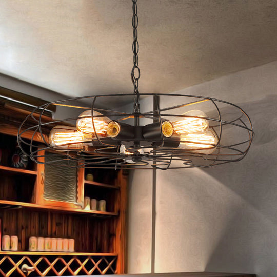 Industrial Iron 5-Bulb Black Pendant Chandelier - Round Caged Restaurant Ceiling Lamp, 19"/21.5" W