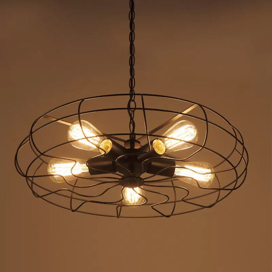 Industrial Iron 5-Bulb Black Chandelier Pendant Lamp - 19/21.5 Round Caged Ceiling Fixture For