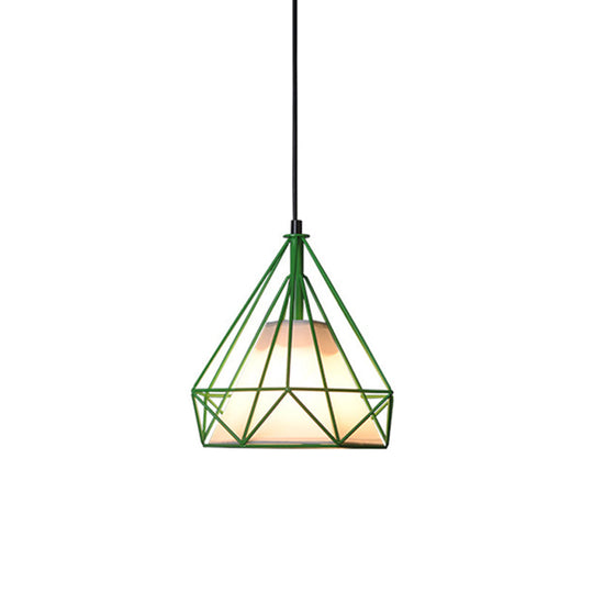 Diamond Loft Ceiling Hang Lamp 1-Head Pendant Lighting In Black/White/Green With Cone Fabric Shade