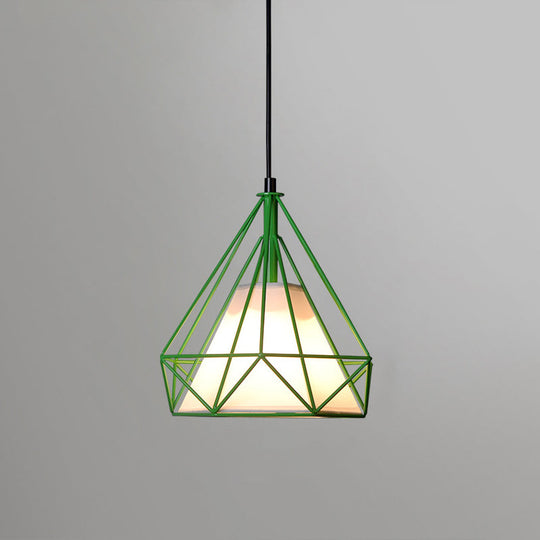 Diamond Loft Ceiling Hang Lamp - 1 Head Iron Pendant Lighting in Black/White/Green with Cone Fabric Shade