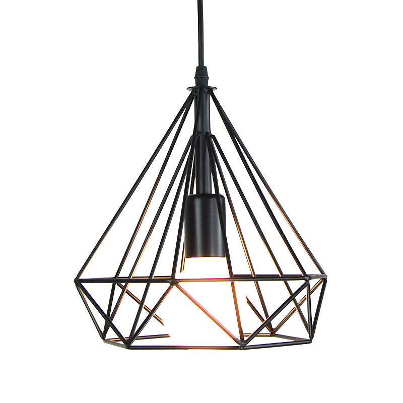 Industrial Iron Black Diamond Pendant Light - Single-Bulb Suspension Lamp For Dining Room