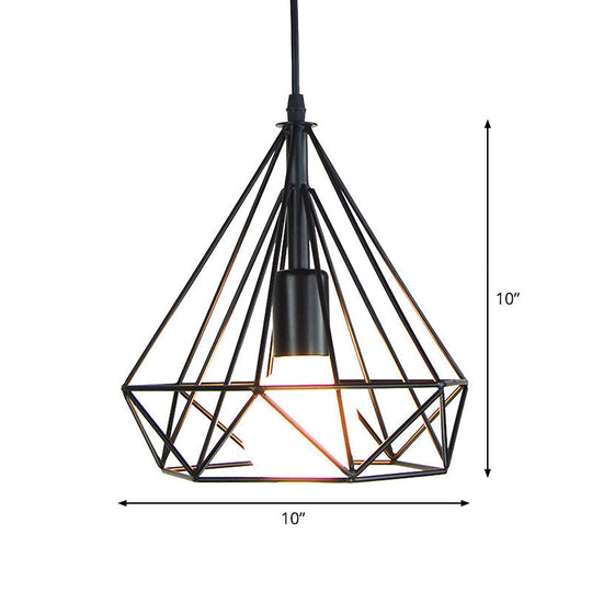 Industrial Iron Black Diamond Pendant Light - Single-Bulb Suspension Lamp For Dining Room