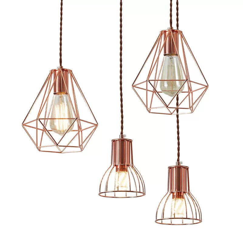 Rose Gold Pendant Lamp - Flared/Diamond Cage - Industrial Ceiling Hang Light - Bedroom Lighting