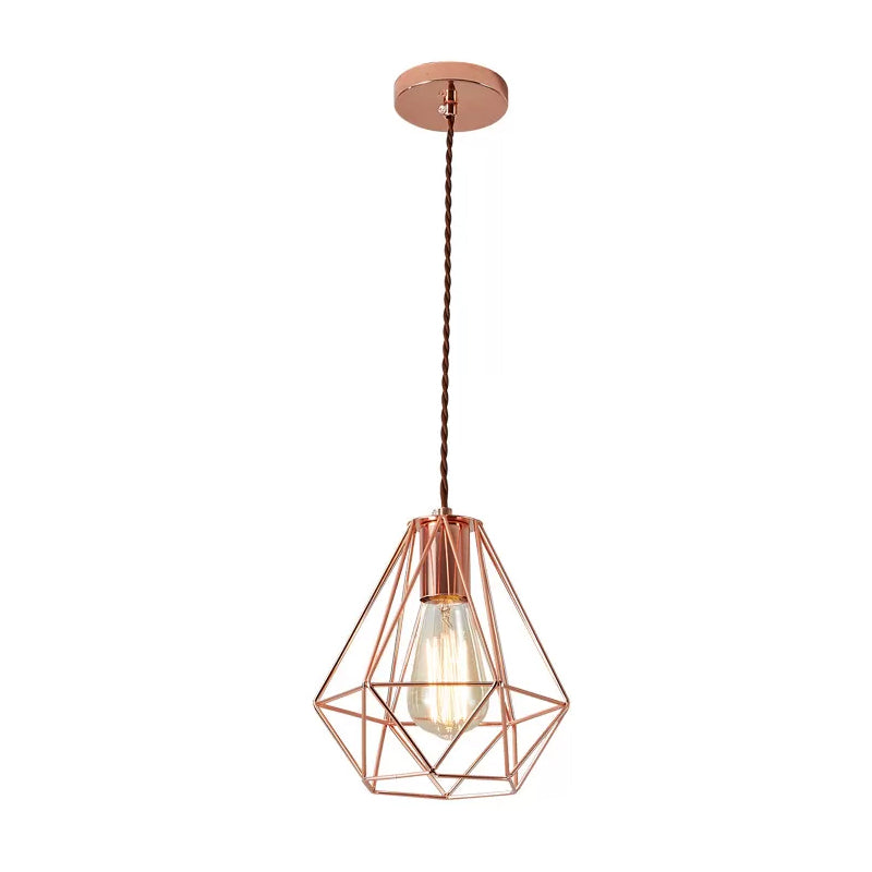 Rose Gold Pendant Lamp - Flared/Diamond Cage - Industrial Ceiling Hang Light - Bedroom Lighting