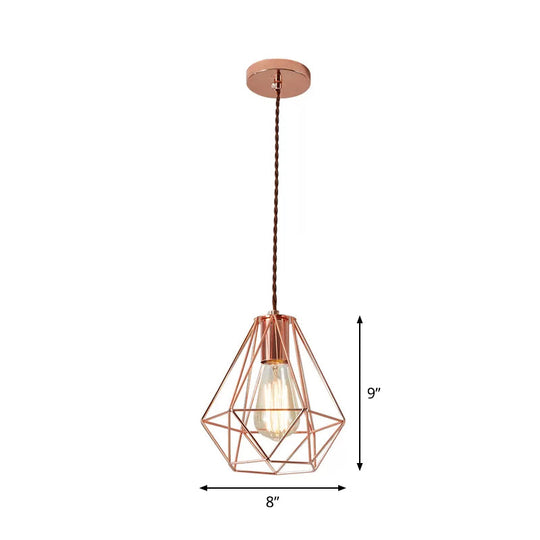 Rose Gold Pendant Lamp - Flared/Diamond Cage - Industrial Ceiling Hang Light - Bedroom Lighting