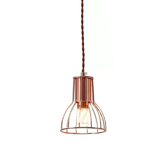 Industrial Rose Gold Pendant Lamp For Bedroom - Flared/Diamond Cage / Flared